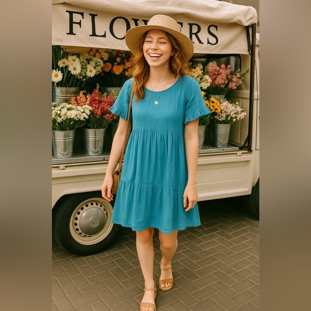 H.I.P. Blue Babydoll Mini Dress Gauze Boho Coastal Core XS Cottagecore Summer